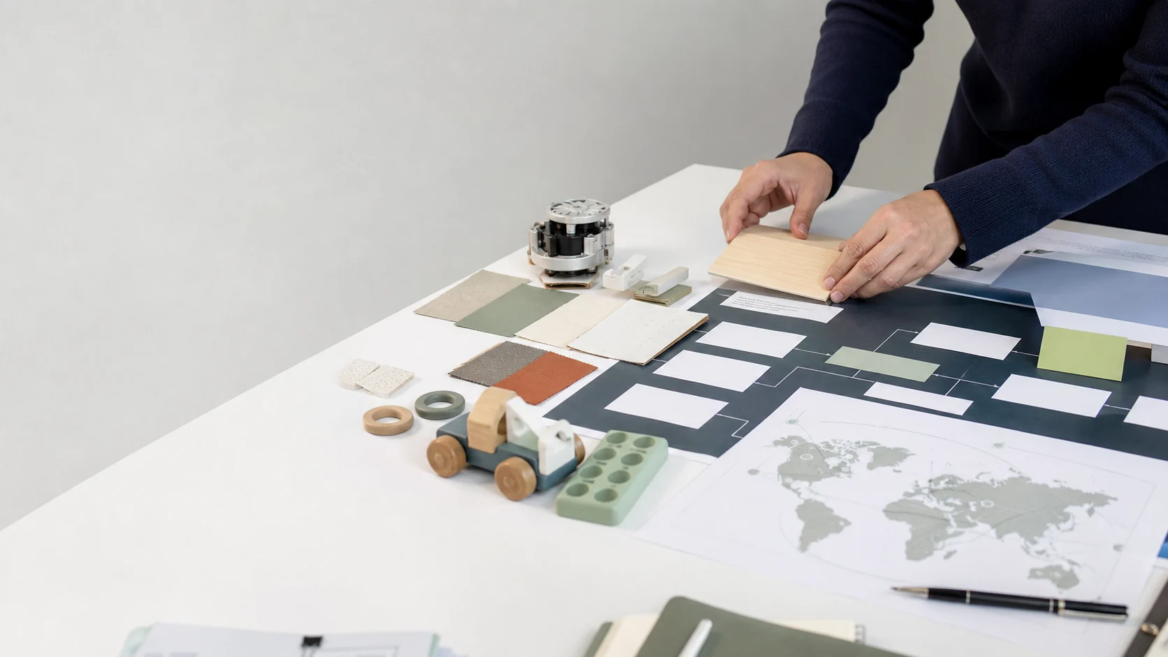 Consumer product materials, components, market map, and review workflow arranged for compliance planning