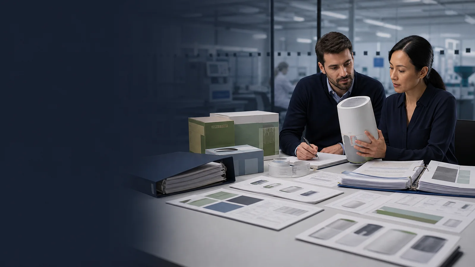 Specialists reviewing product labels, technical files, and supplier evidence