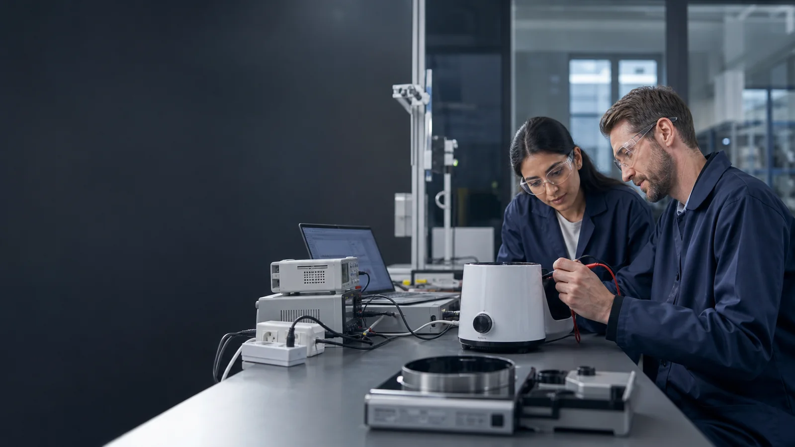 Laboratory specialists assessing an electrical product testing setup