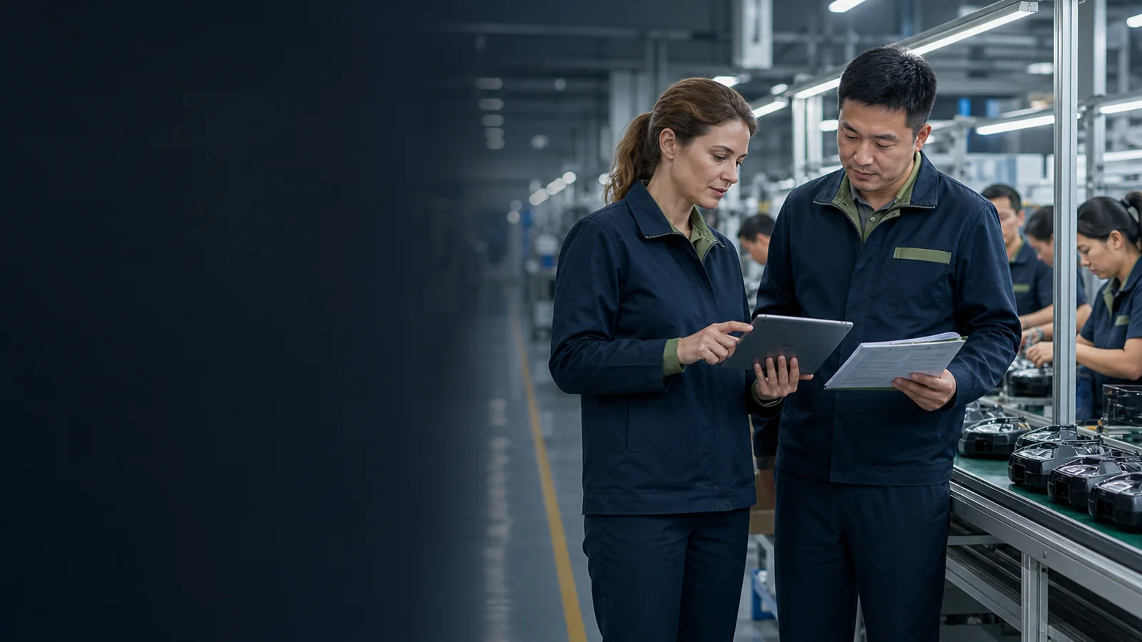 Quality specialists reviewing supplier evidence on a manufacturing floor
